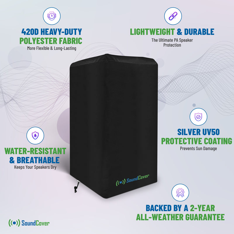 Black Waterproof PA/DJ Speaker Covers – Heavy-Duty 420D Polyester with UV+50 Protection, Fits Most Portable and Mounted PA Speakers