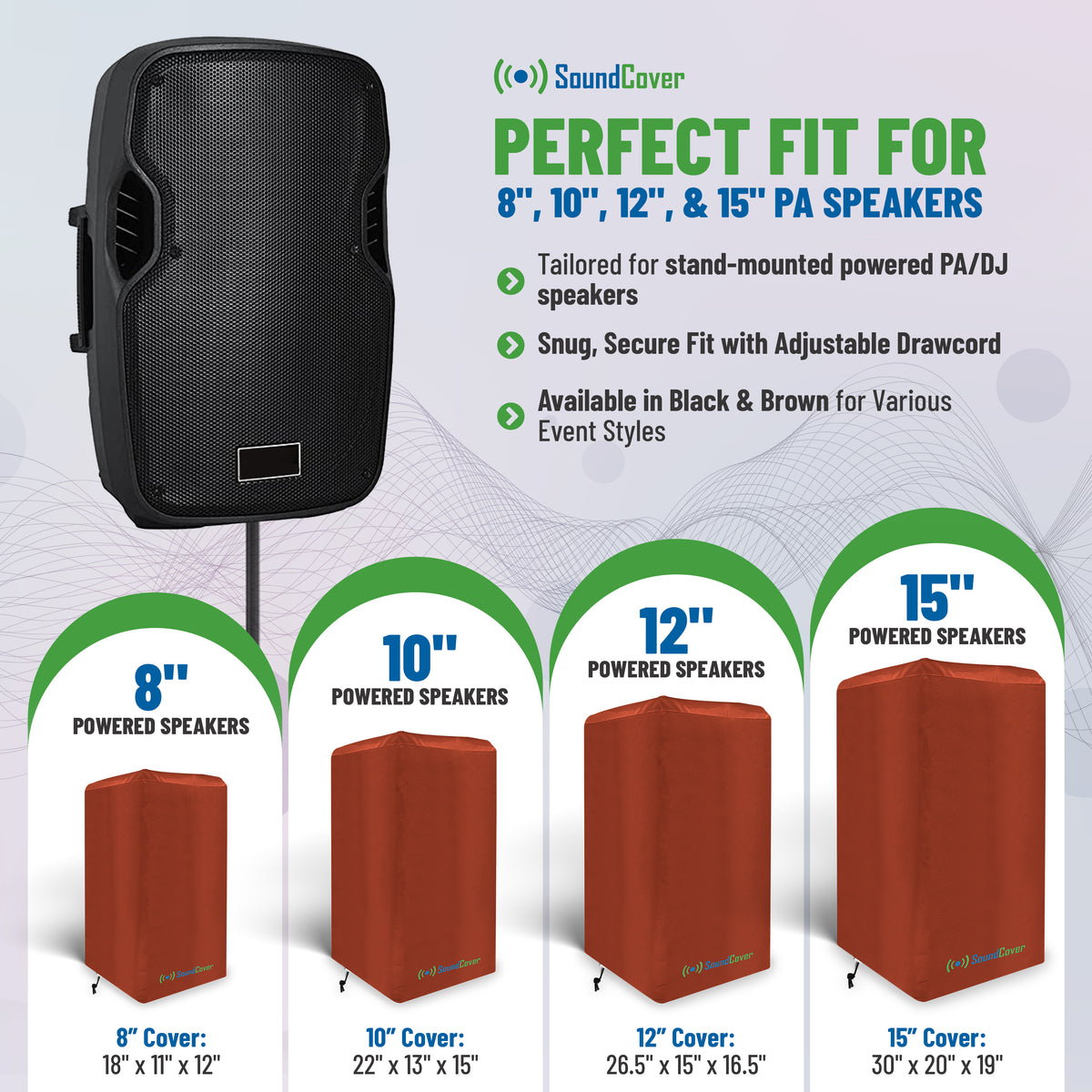 Brown Waterproof PA/DJ Speaker Covers – Durable 420D Polyester with UV+50 Protection, Fits Most Portable and Mounted PA Speakers