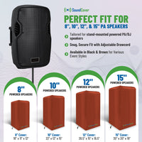 Brown Waterproof PA/DJ Speaker Covers – Durable 420D Polyester with UV+50 Protection, Fits Most Portable and Mounted PA Speakers