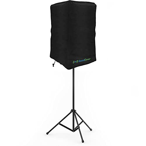 Black Lightweight Powered Speaker Cover Bag for 8" 10" 12" 15" PA DJ Powered Speakers Mounted on Stand - Water Resistant & +50 UV Protection - Check Dimensions Carefully!