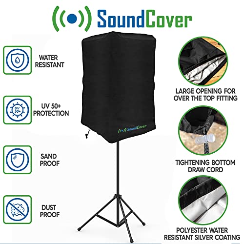 Black Lightweight Powered Speaker Cover Bag for 8" 10" 12" 15" PA DJ Powered Speakers Mounted on Stand - Water Resistant & +50 UV Protection - Check Dimensions Carefully!